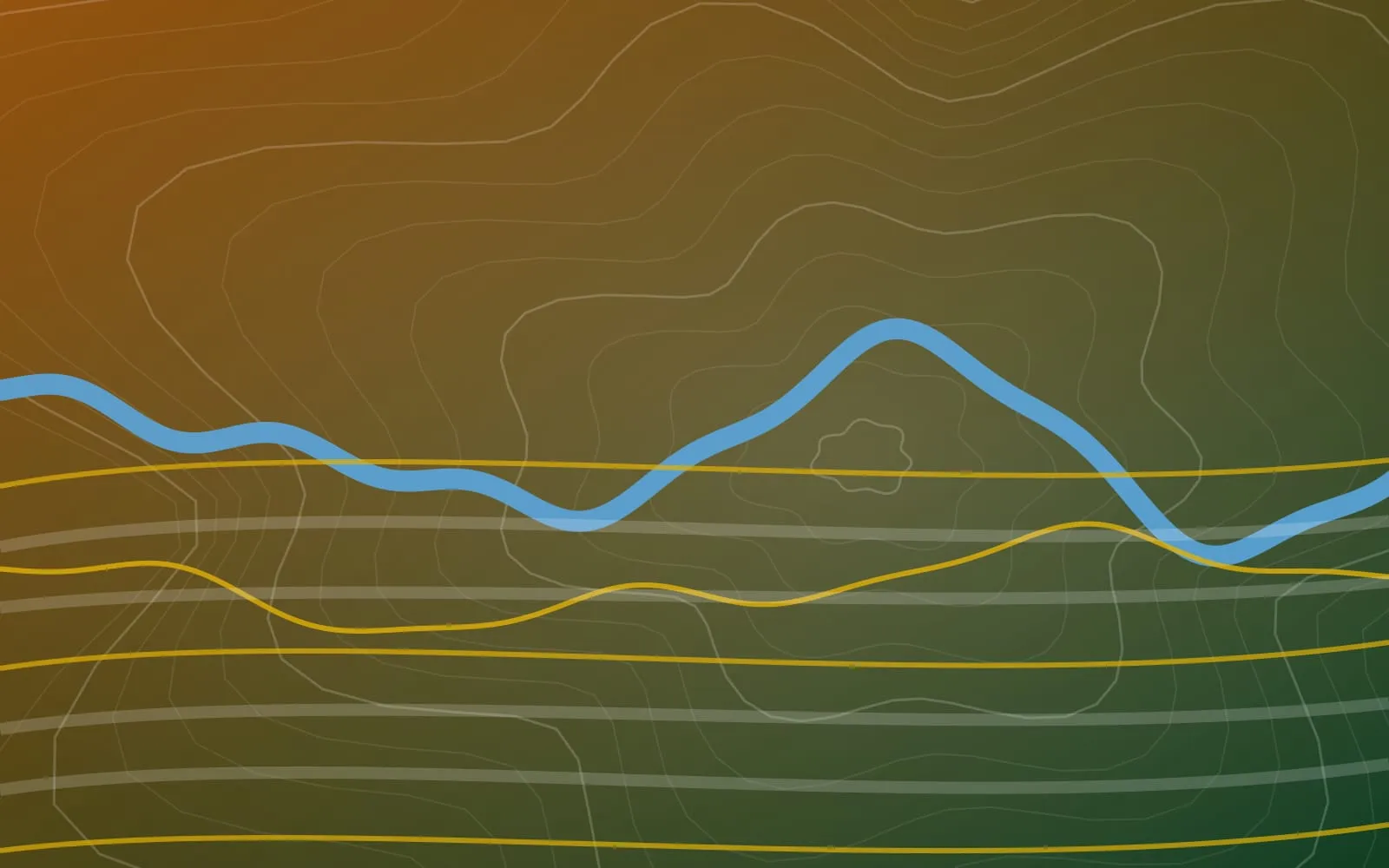 Ilustração abstrata em verde-mata e dourado, com formas retangulares flutuando sobre faixas onduladas que lembram um rio largo