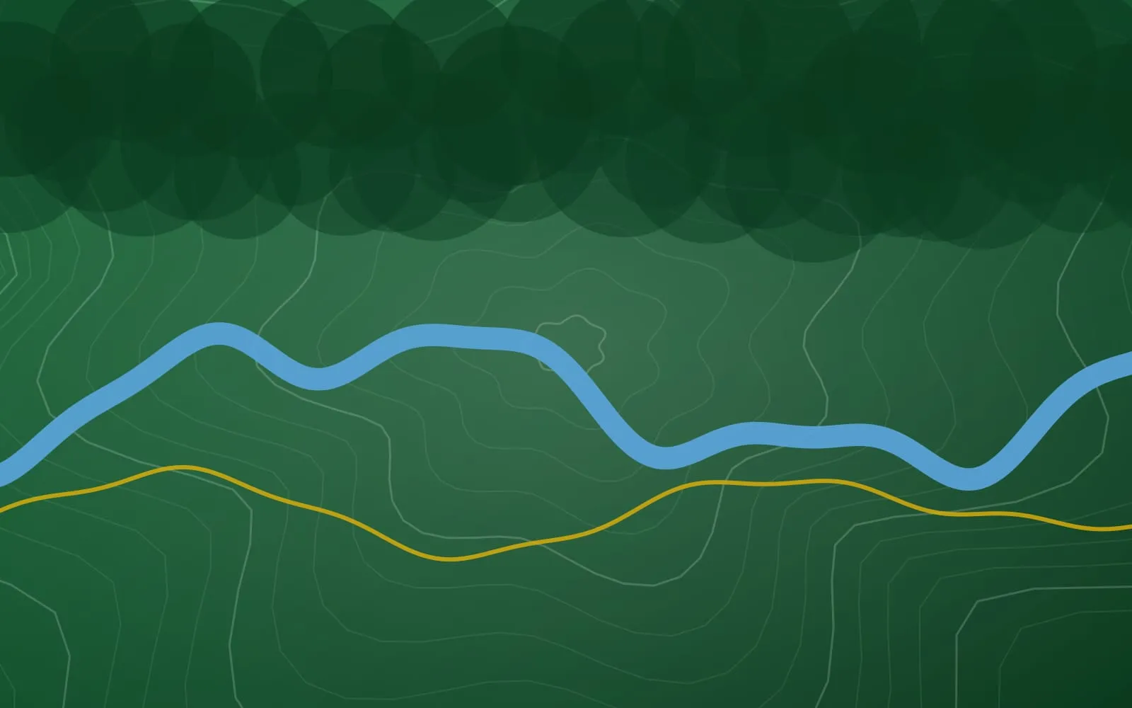 Ilustração abstrata em verde-mata e dourado, com blocos geométricos que lembram galpões industriais à beira de um rio